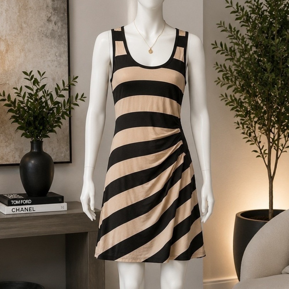 Calvin Klein Womens Dress Black Tan Striped Side Ruched Sleeveless Size 10